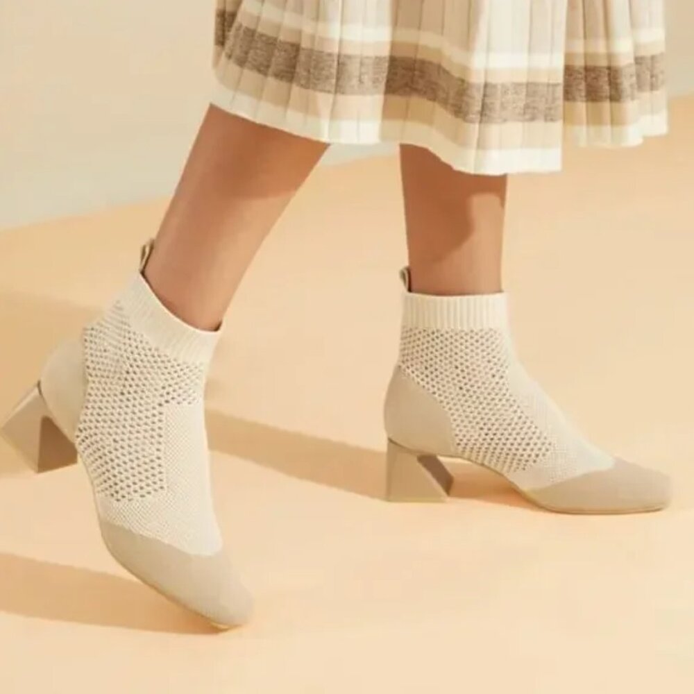 Vivaia Melissa Square-Toe Perforated Heeled Sock Boots in Oatmilk - Picture 3 of 6